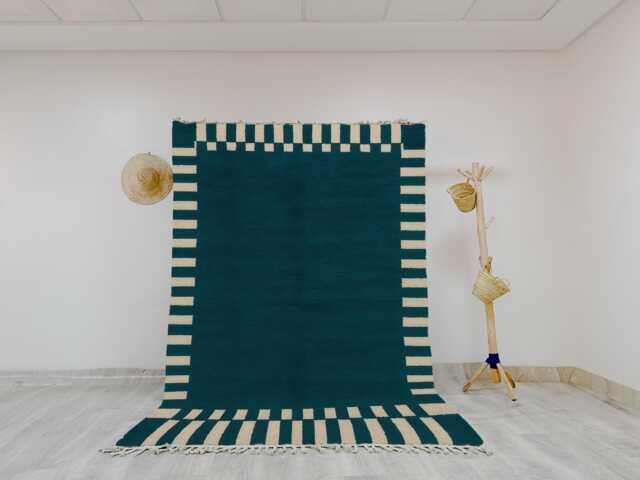 Modern Moroccan Wool Rug - Handwoven Teal Berber Carpet With Geometric Border - Bold Artisan Floor Contemporary Boho Home Decor - image 1