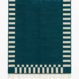 Modern Moroccan Wool Rug - Handwoven Teal Berber Carpet With Geometric Border - Bold Artisan Floor Contemporary Boho Home Decor - thumbnail 2