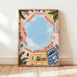 Mediterranean Street Poster, Colorful Architecture Wall Art, Coastal Travel Print, Summer Sky Decor, Bright Home Artwork - thumbnail 3