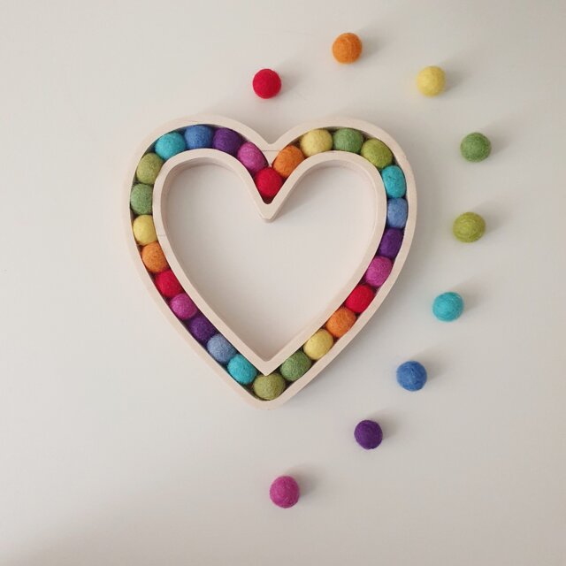 Rainbow Heart - Wool Felt Ball Pom Sustainable Wooden Wood Anniversary Stocking Filler - image 1