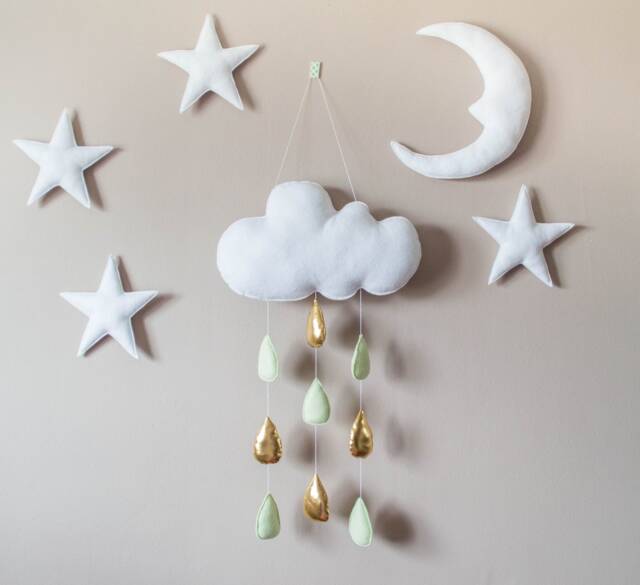 Felt Cloud Raindrop Mobile Mint Green & Gold Nursery Decor - image 1