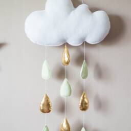 Felt Cloud Raindrop Mobile Mint Green & Gold Nursery Decor - thumbnail 3