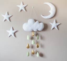 Felt Cloud Raindrop Mobile Mint Green & Gold Nursery Decor - thumbnail 1