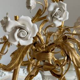 White Roses & Gold Leaf Chandelier 6 Lights, Made in Italy Best Quality Materials - thumbnail 3