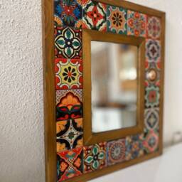 Mosaic Tile Mirror Handmade Mexican Talavera Ceramic & Wood Frame - thumbnail 3