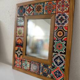Mosaic Tile Mirror Handmade Mexican Talavera Ceramic & Wood Frame - thumbnail 2