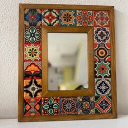 Mosaic Tile Mirror Handmade Mexican Talavera Ceramic & Wood Frame - thumbnail 4