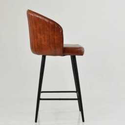 Vintage Brown Faux Leather Bar Stool With Backrest - Breakfast & Kitchen Stool, Industrial Black Base - thumbnail 3