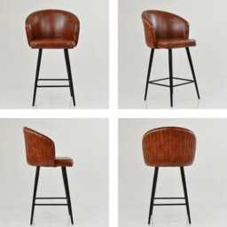 Vintage Brown Faux Leather Bar Stool With Backrest - Breakfast & Kitchen Stool, Industrial Black Base - thumbnail 4
