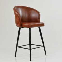 Vintage Brown Faux Leather Bar Stool With Backrest - Breakfast & Kitchen Stool, Industrial Black Base - thumbnail 2