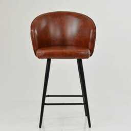 Vintage Brown Faux Leather Bar Stool With Backrest - Breakfast & Kitchen Stool, Industrial Black Base - thumbnail 1