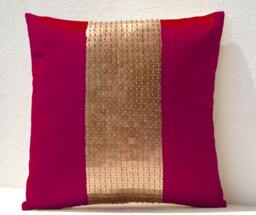Fuchsia Pillow, Decorative Pillows, Gold Color Block Gold Sequin Silk Throw Pillows
