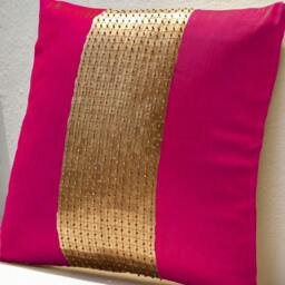 Fuchsia Pillow, Decorative Pillows, Gold Color Block Gold Sequin Silk Throw Pillows - thumbnail 2