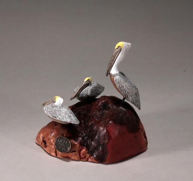 Pelican Trio Sculpture By John Perry 6In Long On Burlwood Handpainted Statue - image 1