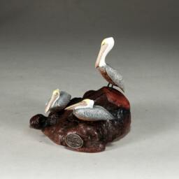 Pelican Trio Sculpture By John Perry 6In Long On Burlwood Handpainted Statue - thumbnail 4
