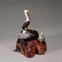 Pelican Trio Sculpture By John Perry 6In Long On Burlwood Handpainted Statue - thumbnail 3