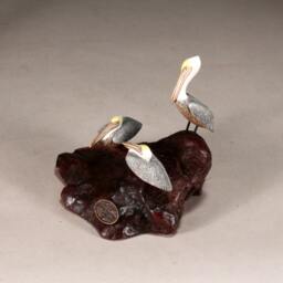 Pelican Trio Sculpture By John Perry 6In Long On Burlwood Handpainted Statue - thumbnail 2