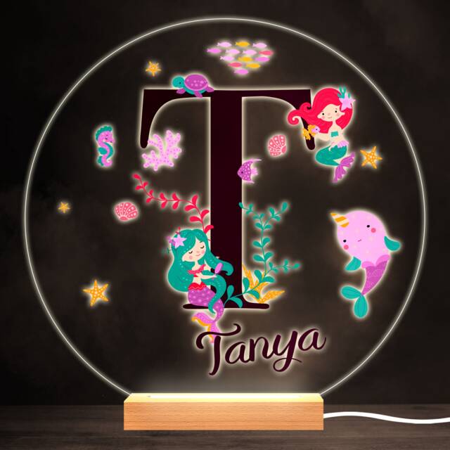 Sealife With Mermaids Alphabet Letter T Round Personalised Gift Lamp Night Light - Bedroom - image 1