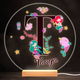 Sealife With Mermaids Alphabet Letter T Round Personalised Gift Lamp Night Light - Bedroom - thumbnail 1