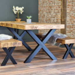 Set - 180cm Table + 2 Benches Industrial Dining Farmer - thumbnail 1