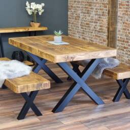 Set - 180cm Table + 2 Benches Industrial Dining Farmer - thumbnail 4