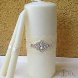 Unity Candle Set For Weddings White Or Ivory - White with Rhinestone Unity Candles With Lace, Ribbons & Bling, Ceremony - thumbnail 2