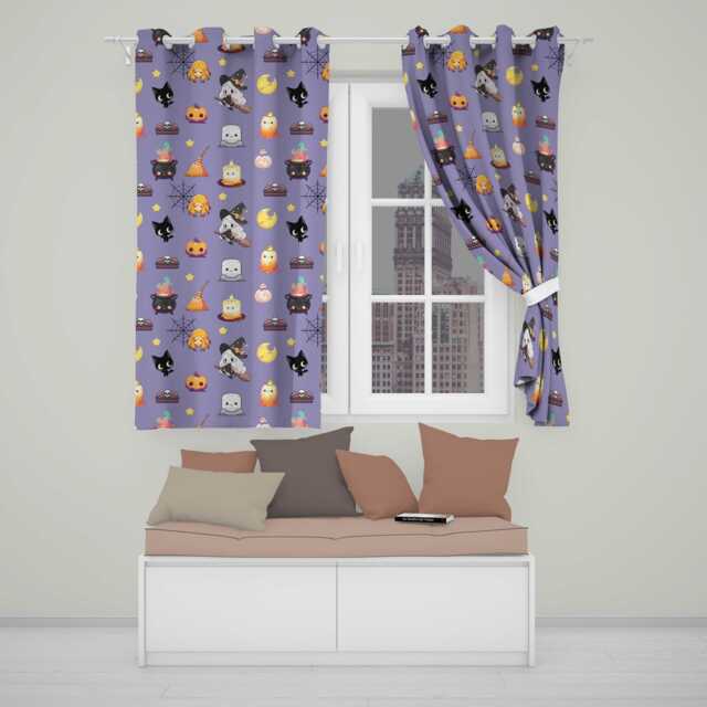 Cute Kawaii Halloween Witch Pumpkin Spider Seamless Pattern Purple Background Readymade Eyelet Ring Top Thermal 100% Blackout Curtains - image 1