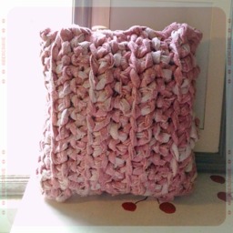 Crocheted Pillow Cover in Pink Flannel With Vintage Buttons - thumbnail 1