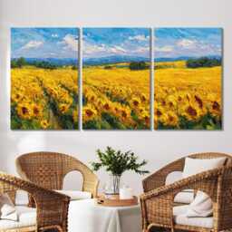 Sunflower Field Canvas Wall Art Rustic French Countryside Split For Living Room Decor Vibrant Nature Hanging, Home - thumbnail 2