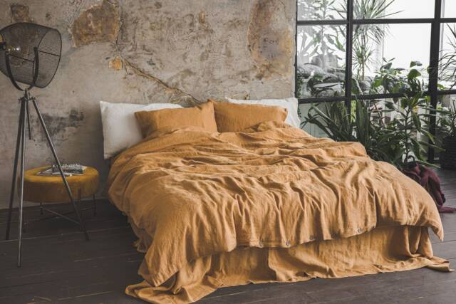 Washed Linen Bedding Set Honey Gold Duvet Cover, Pillowcases - image 1
