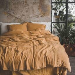Washed Linen Bedding Set Honey Gold Duvet Cover, Pillowcases - thumbnail 2