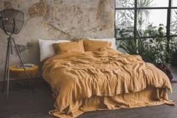 Washed Linen Bedding Set Honey Gold Duvet Cover, Pillowcases - thumbnail 1