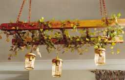 Rustic Handmade Repurposed Kitchen Island Light, Complete With Retired Ladder Ivy & Jam Jar Lights, Hangs Supplied Chains