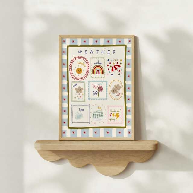 Bright Kids Educational Weather Print With Block Border. Gender Neutral Wall Art For A Playroom, Nursery Or Child's Room - Print Only