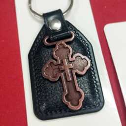 Leather Keychain Copper Metal Cross, Symbol Of Faith - thumbnail 3