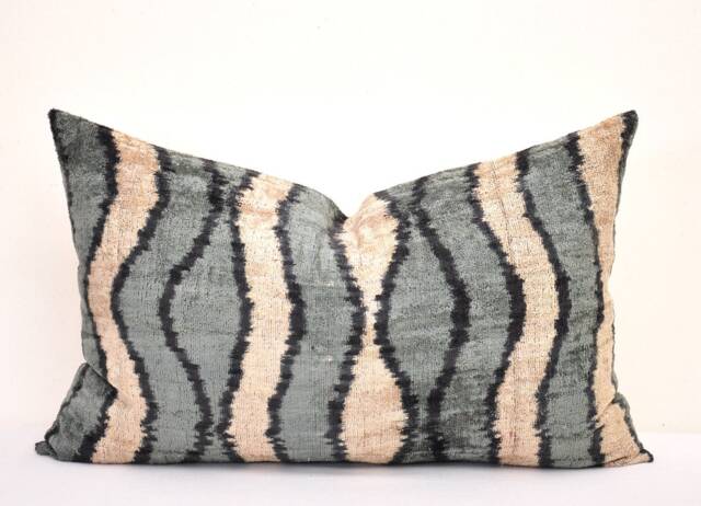 Handloom Silk Velvet Ikat Pillow Cover, Grey Accent Decor - image 1