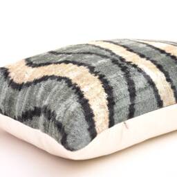Handloom Silk Velvet Ikat Pillow Cover, Grey Accent Decor - thumbnail 3