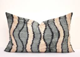 Handloom Silk Velvet Ikat Pillow Cover, Grey Accent Decor - thumbnail 1