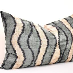 Handloom Silk Velvet Ikat Pillow Cover, Grey Accent Decor - thumbnail 2