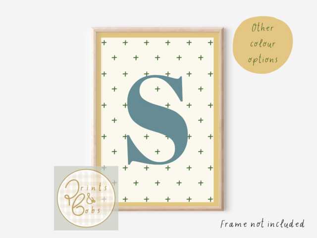 Kids Personalised Initial Print With A Blue & Either Mustard Or Earth Colour Scheme - Print Only, Unframed - image 1