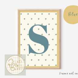 Kids Personalised Initial Print With A Blue & Either Mustard Or Earth Colour Scheme - Print Only, Unframed - thumbnail 2
