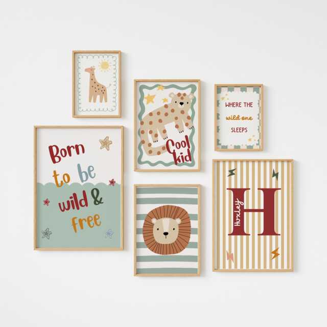 Personalised Safari Nursery Print Set - Unframed Boys Wall Art - Lion, Giraffe & Name Prints - image 1