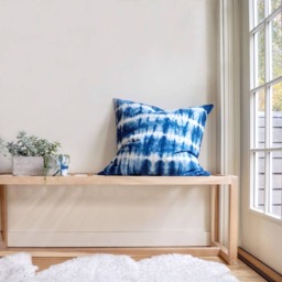 Indigo Shibori Floor Pillow, Stripe Pattern, 26x26 Hand Dyed Cotton Cushion Cover - thumbnail 2
