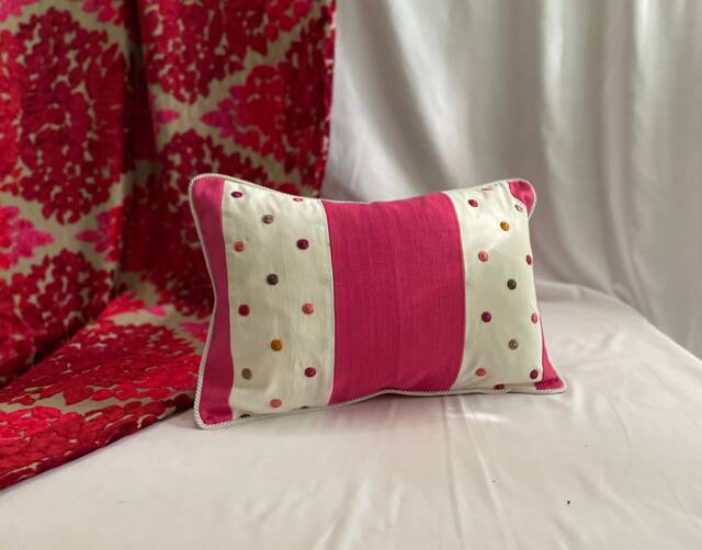 "Embroidered Cotton Linen Pillow Cover Pink, White, & Blue, 20""x 14" - image 1