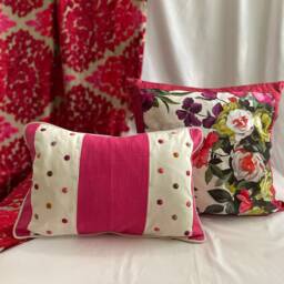 "Embroidered Cotton Linen Pillow Cover Pink, White, & Blue, 20""x 14" - thumbnail 4