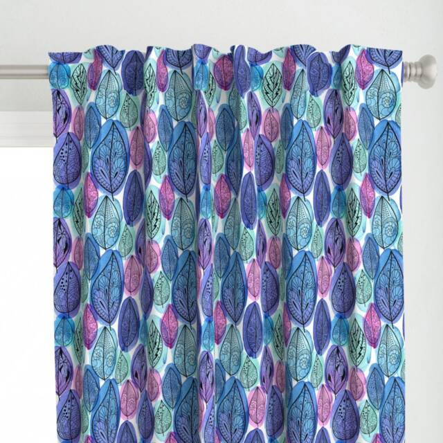 Watercolor Leaves Curtain Panel - Teal Purple Leaf Hand Drawn Forest Sketch Custom Seamless By Ledelena - image 1