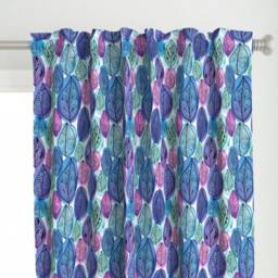 Watercolor Leaves Curtain Panel - Teal Purple Leaf Hand Drawn Forest Sketch Custom Seamless By Ledelena