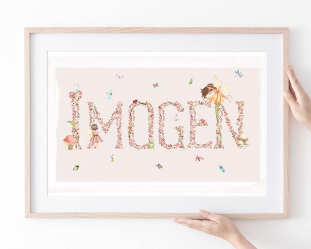 Girls Bedroom Fairy Name Poster, Pastel, Personalised Artwork, Whimsical Theme, Initial Print, Pink Flowers, Butterflies, Floral - image 1