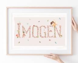 Girls Bedroom Fairy Name Poster, Pastel, Personalised Artwork, Whimsical Theme, Initial Print, Pink Flowers, Butterflies, Floral - thumbnail 1