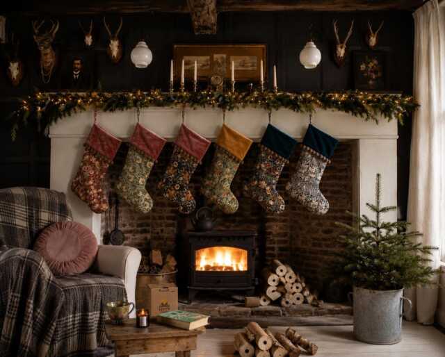 Set Of 6 William Morris Christmas Stockings, Handmade Velvet Fireplace Decor - image 1